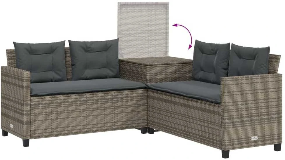 Sodo sofa su stalu/pagalvėlėmis, pilka, poliratanas, L formos
