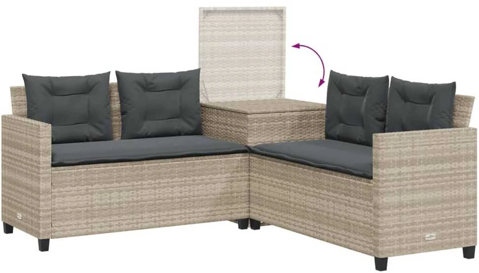 Sodo sofa su stalu/pagalvėlėmis, pilka, poliratanas, L formos