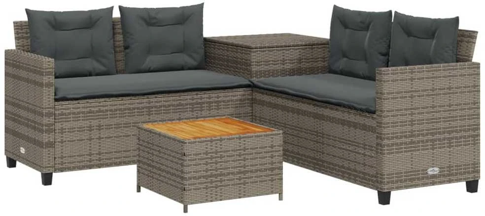 Sodo sofa su stalu/pagalvėlėmis, pilka, poliratanas, L formos