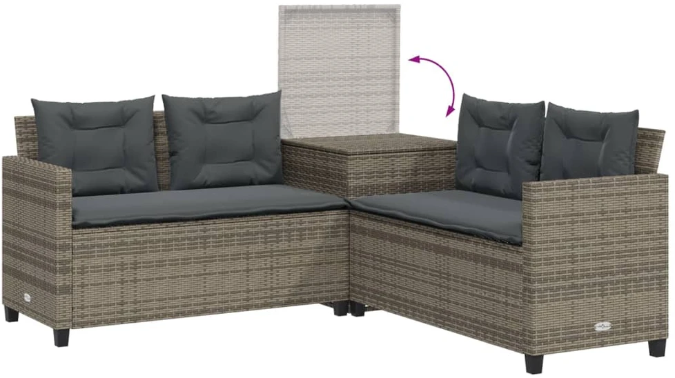Sodo sofa su stalu/pagalvėlėmis, pilka, poliratanas, L formos