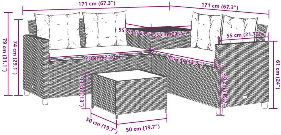 Sodo sofa su stalu/pagalvėlėmis, pilka, poliratanas, L formos