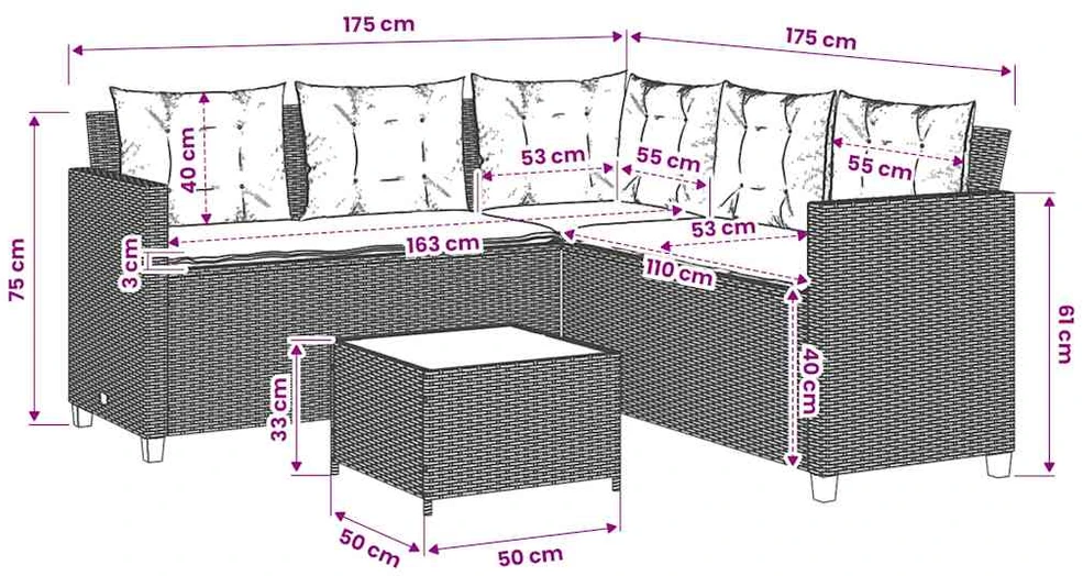 Sodo sofa su stalu/pagalvėlėmis, pilka, poliratanas, L formos