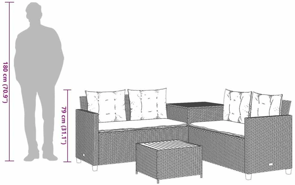 Sodo sofa su stalu/pagalvėlėmis, pilka, poliratanas, L formos
