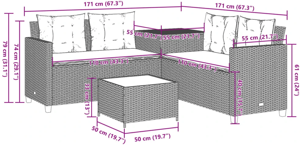 Sodo sofa su stalu/pagalvėlėmis, pilka, poliratanas, L formos