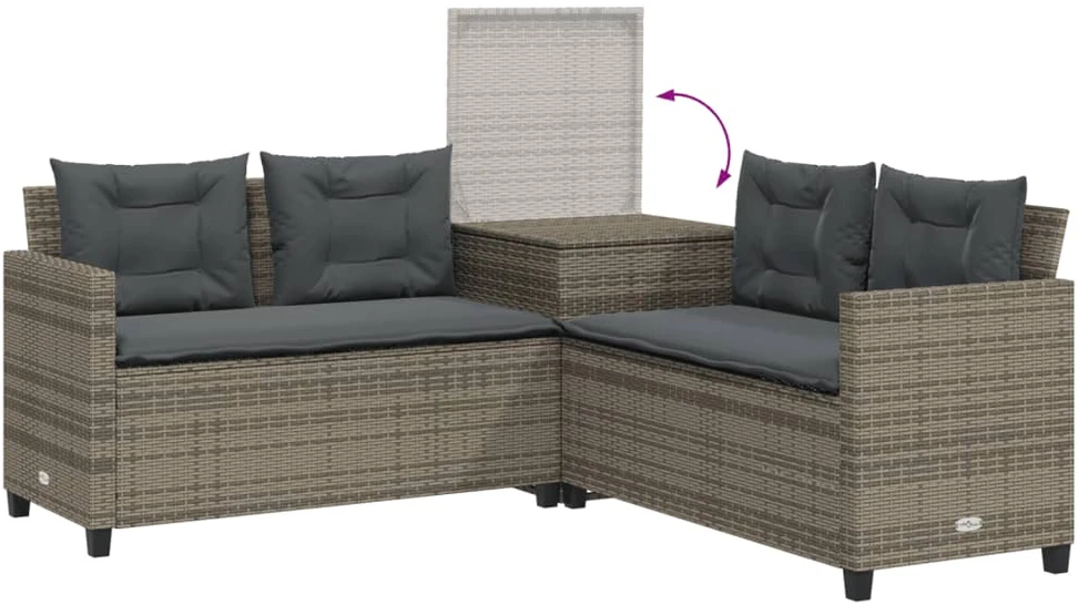 Sodo sofa su stalu/pagalvėlėmis, pilka, poliratanas, L formos