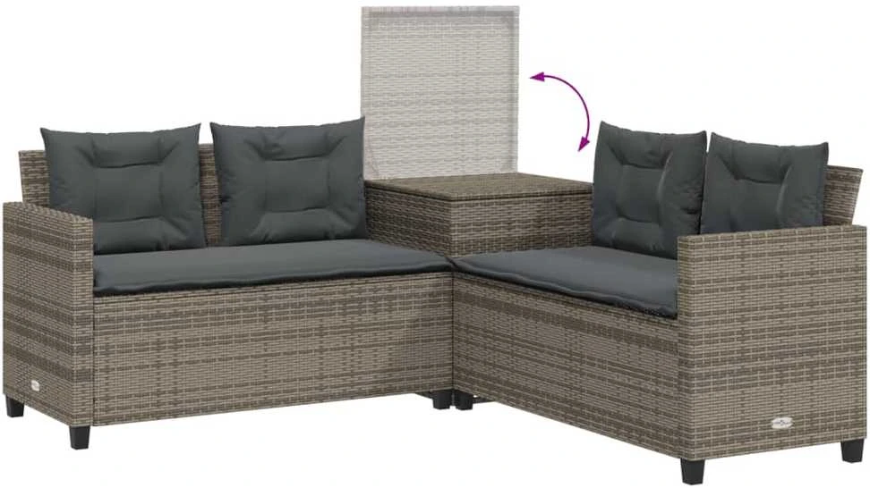 Sodo sofa su stalu/pagalvėlėmis, pilka, poliratanas, L formos