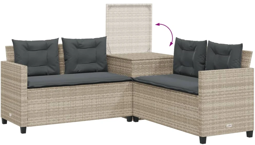 Sodo sofa su stalu/pagalvėlėmis, pilka, poliratanas, L formos