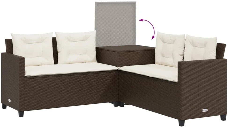 Sodo sofa su stalu/pagalvėlėmis, ruda, poliratanas, L formos