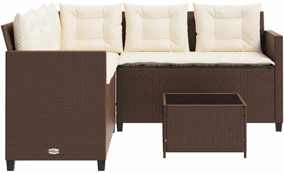 Sodo sofa su stalu/pagalvėlėmis, ruda, poliratanas, L formos