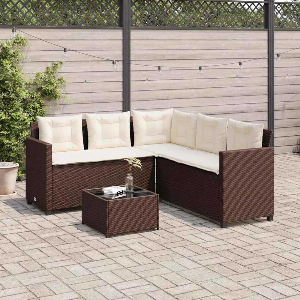 Sodo sofa su stalu/pagalvėlėmis, ruda, poliratanas, L formos
