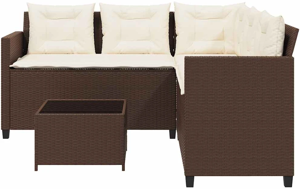 Sodo sofa su stalu/pagalvėlėmis, ruda, poliratanas, L formos