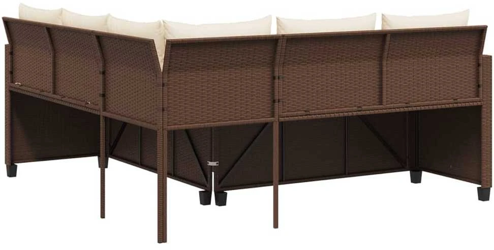 Sodo sofa su stalu/pagalvėlėmis, ruda, poliratanas, L formos