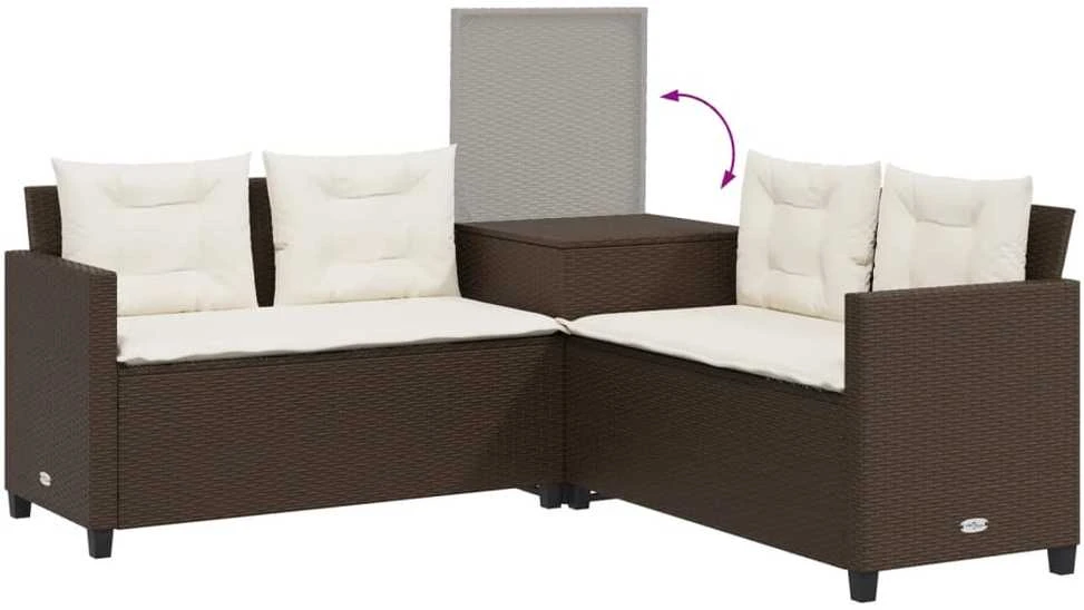 Sodo sofa su stalu/pagalvėlėmis, ruda, poliratanas, L formos
