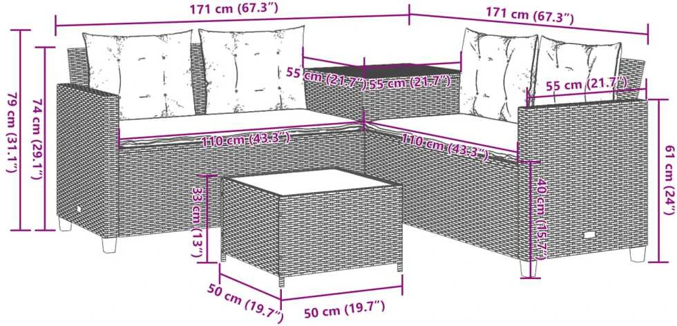 Sodo sofa su stalu/pagalvėlėmis, ruda, poliratanas, L formos
