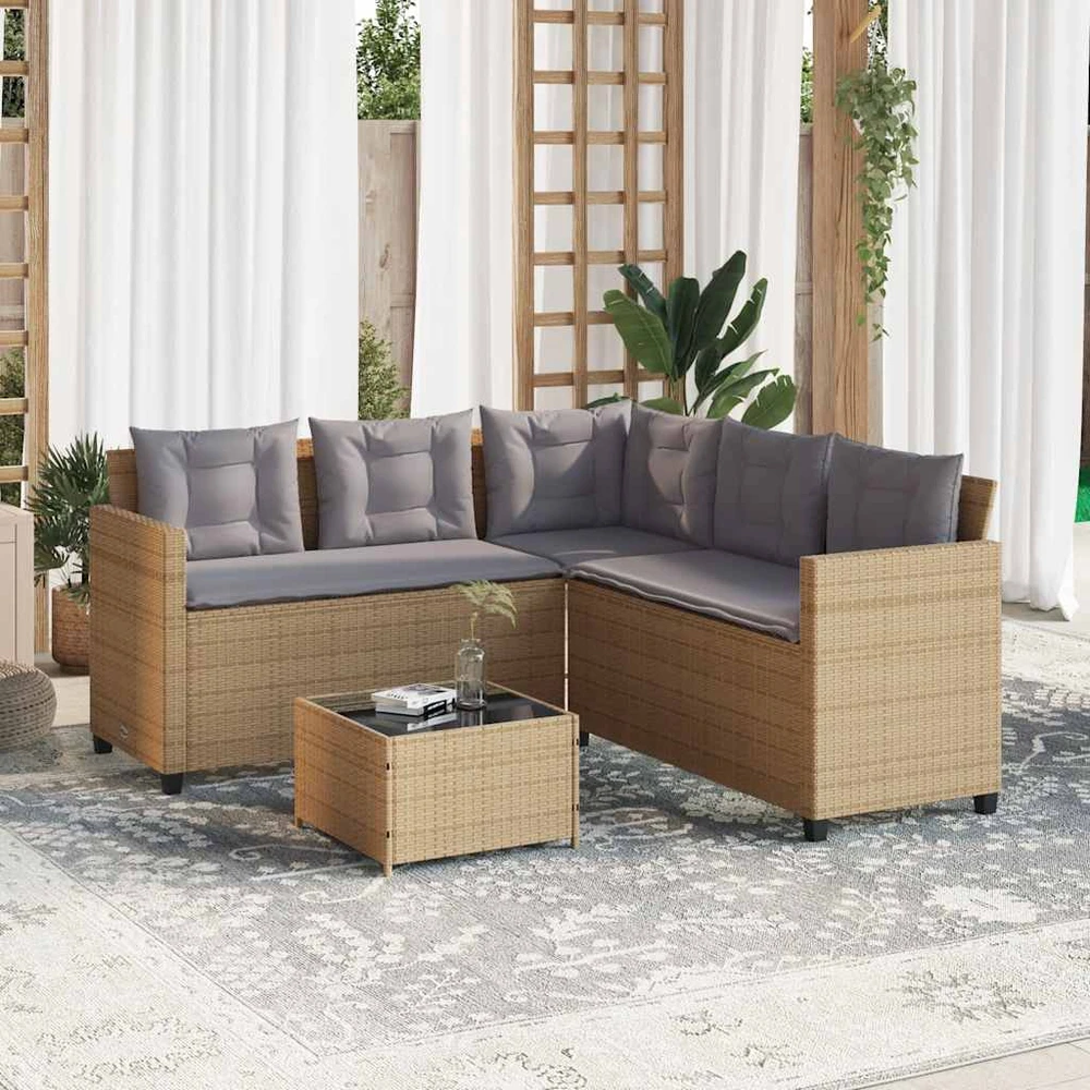 Sodo sofa su stalu/pagalvėlėmis, smėlio, poliratanas, L formos