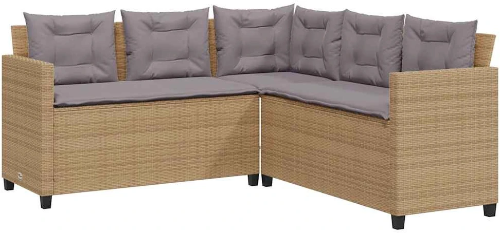 Sodo sofa su stalu/pagalvėlėmis, smėlio, poliratanas, L formos