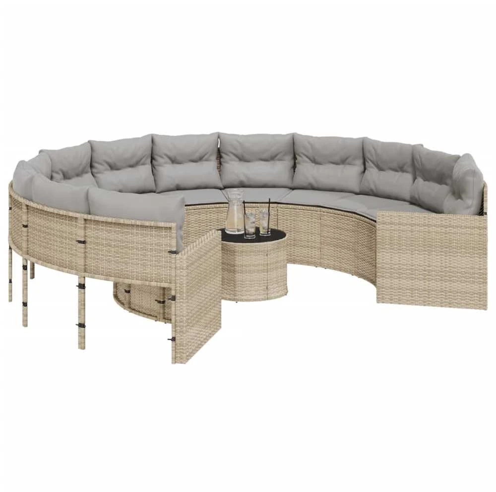 Sodo sofa su stalu/pagalvėlėmis, smėlio, poliratanas, apvali