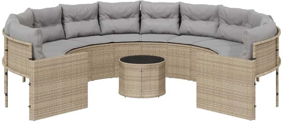 Sodo sofa su stalu/pagalvėlėmis, smėlio, poliratanas, apvali
