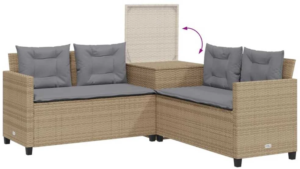 Sodo sofa su stalu/pagalvėlėmis, smėlio, poliratanas, L formos