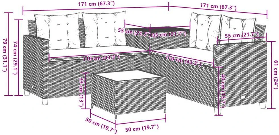 Sodo sofa su stalu/pagalvėlėmis, smėlio, poliratanas, L formos
