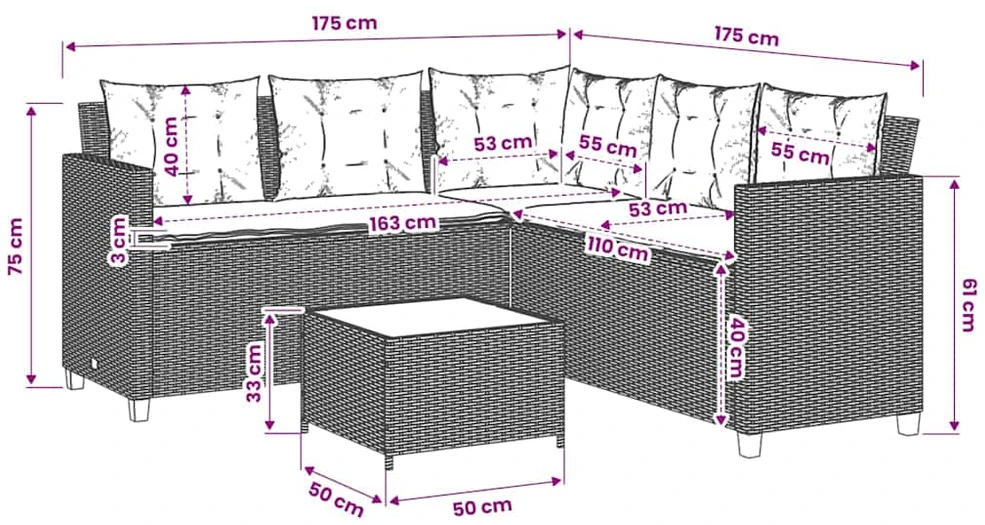 Sodo sofa su stalu/pagalvėlėmis, smėlio, poliratanas, L formos
