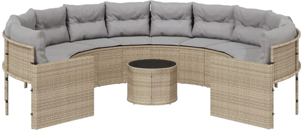 Sodo sofa su stalu/pagalvėlėmis, smėlio, poliratanas, apvali