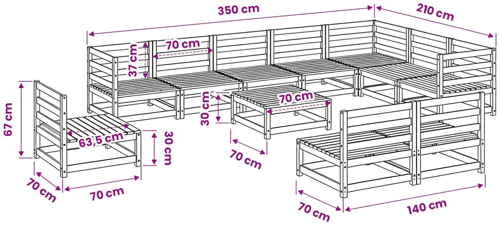 Lauko baldų komplektas Sodo sofos komplektas, 11 dalių, pušies medienos masyvas