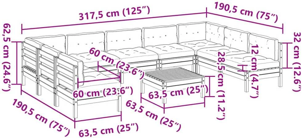 Lauko baldų komplektas Sodo sofos komplektas su pagalvėlėmis, 10 dalių, vaško, pušis