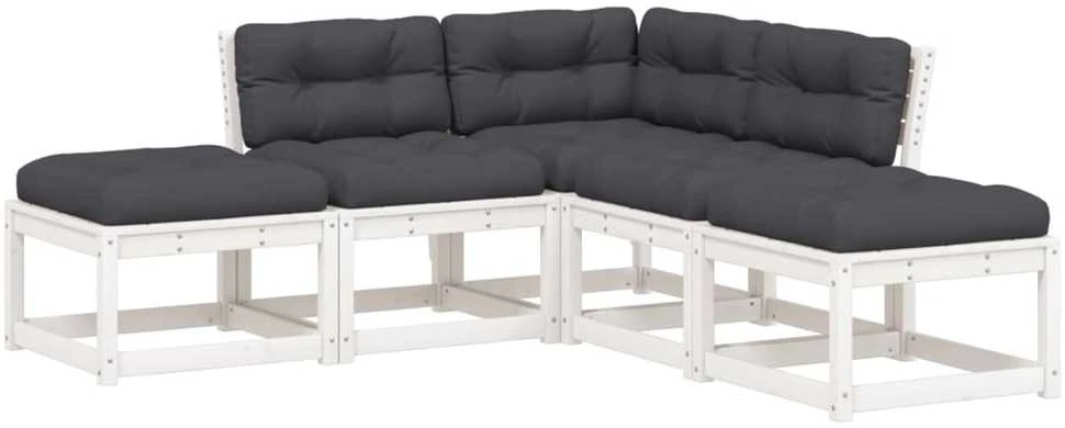 Lauko baldų komplektas Sodo sofos komplektas su pagalvėlėmis, 5 dalių, baltas, pušis