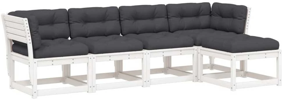 Lauko baldų komplektas Sodo sofos komplektas su pagalvėlėmis, 5 dalių, baltas, pušis