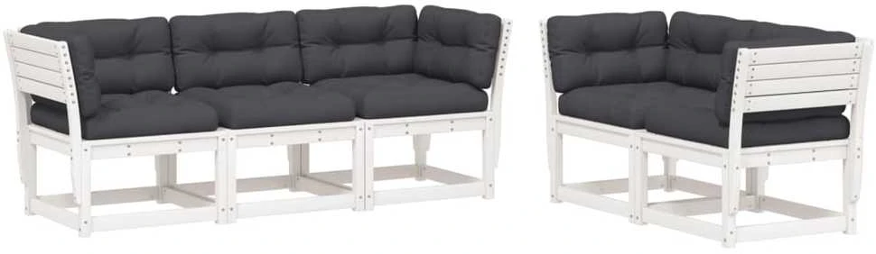 Lauko baldų komplektas Sodo sofos komplektas su pagalvėlėmis, 5 dalių, baltas, pušis
