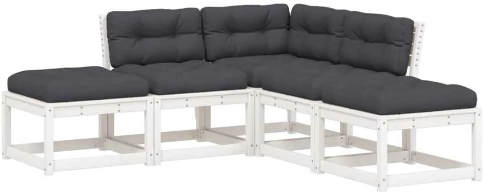 Lauko baldų komplektas Sodo sofos komplektas su pagalvėlėmis, 5 dalių, baltas, pušis