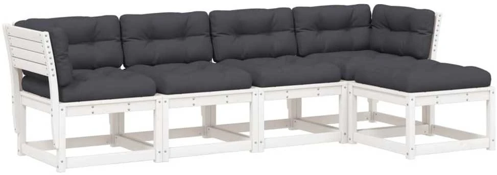 Lauko baldų komplektas Sodo sofos komplektas su pagalvėlėmis, 5 dalių, baltas, pušis