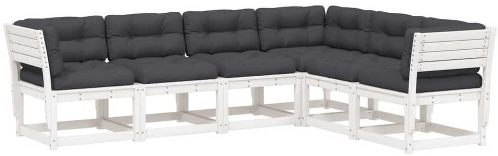 Lauko baldų komplektas Sodo sofos komplektas su pagalvėlėmis, 6 dalių, baltas, pušis