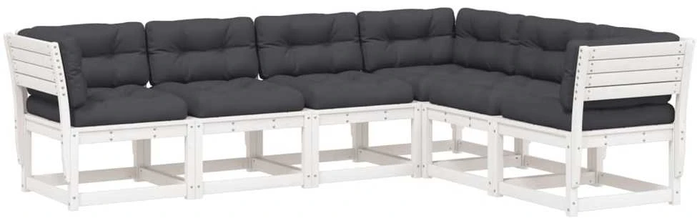 Lauko baldų komplektas Sodo sofos komplektas su pagalvėlėmis, 6 dalių, baltas, pušis