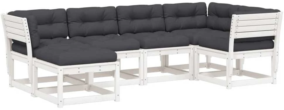 Lauko baldų komplektas Sodo sofos komplektas su pagalvėlėmis, 6 dalių, baltas, pušis