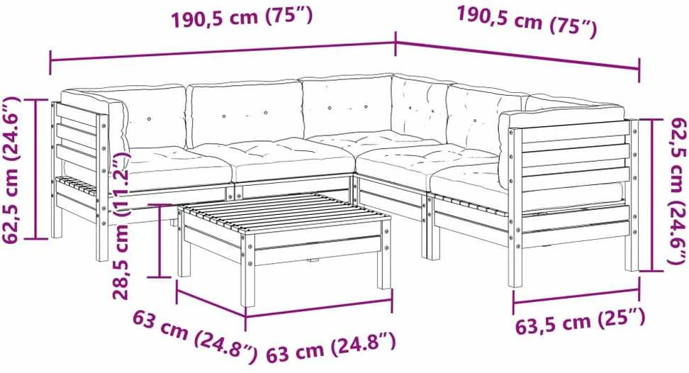 Lauko baldų komplektas Sodo sofos komplektas su pagalvėlėmis, 6 dalių, pušis