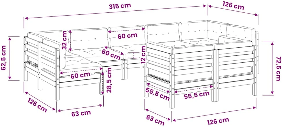 Sodo sofos komplektas su pagalvėlėmis, 9 dalių, pušis