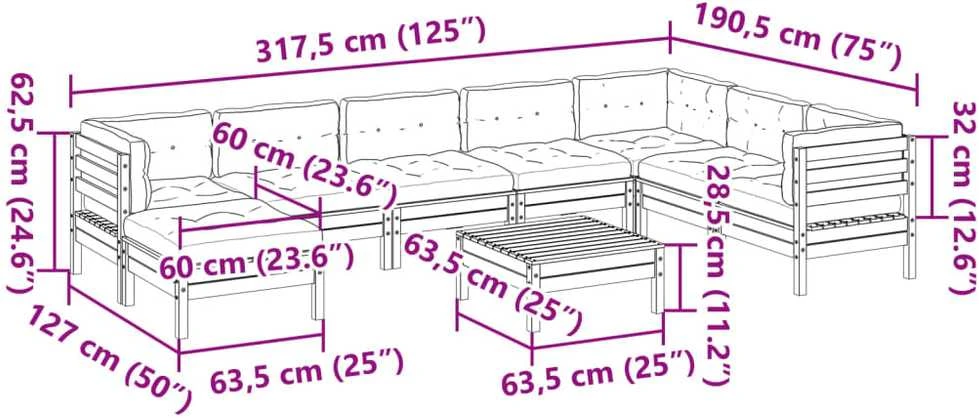 Lauko baldų komplektas Sodo sofos komplektas su pagalvėlėmis, 9 dalių, vaško, pušis