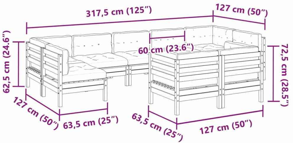 Sodo sofos komplektas su pagalvėlėmis, 9 dalių, pušis