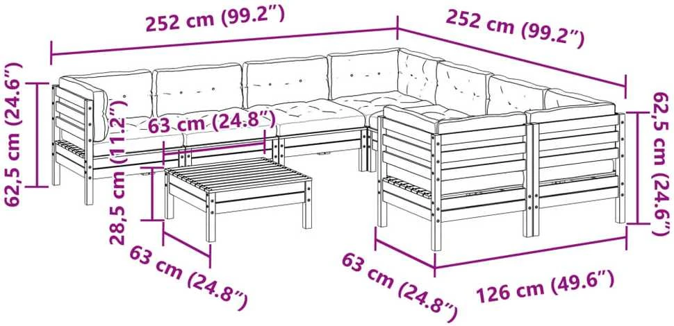 Lauko baldų komplektas Sodo sofos komplektas su pagalvėlėmis, 9 dalių, vaško, pušis