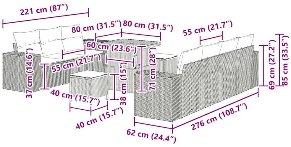 Sodo Sofų Rinkinys 10 vnt. 9-Vietų skaičius Juoda ir kreminė