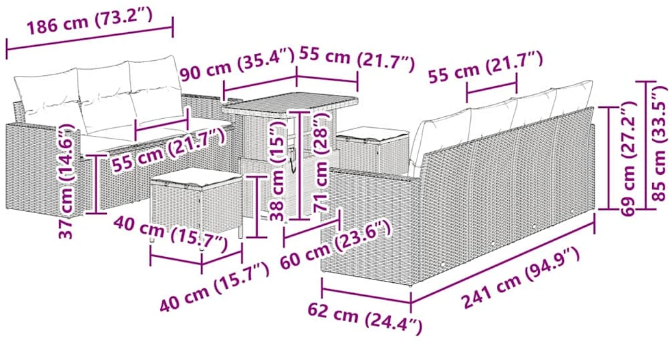 Sodo Sofų Rinkinys 10 vnt. 7-Vietų skaičius Juoda ir kreminė