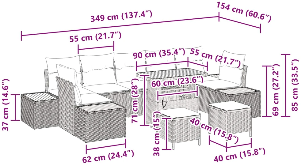 Sodo Sofų Rinkinys 10 vnt. 9-Vietų skaičius Juoda Poli ratanas