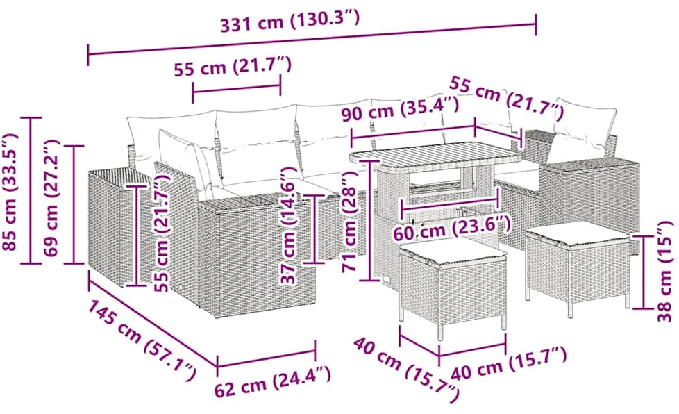 Sodo Sofų Rinkinys 10 vnt. 9-Vietų skaičius Juoda ir kreminė