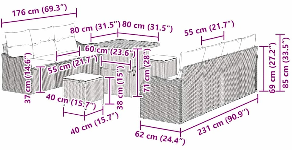 Sodo Sofų Rinkinys 10 vnt. 9-Vietų skaičius Pilka