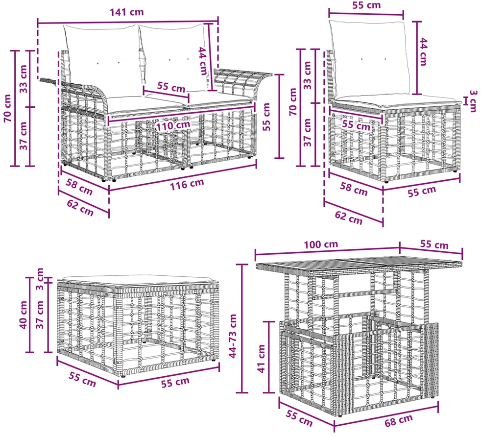 Sodo Sofų Rinkinys 11 vnt. Juoda ir Tamsiai pilka poliratanas