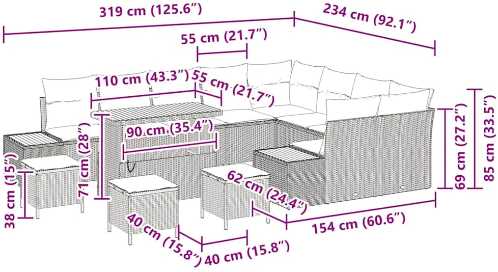 Sodo Sofų Rinkinys 13 vnt. 12-Vietų skaičius Juoda Poli ratanas