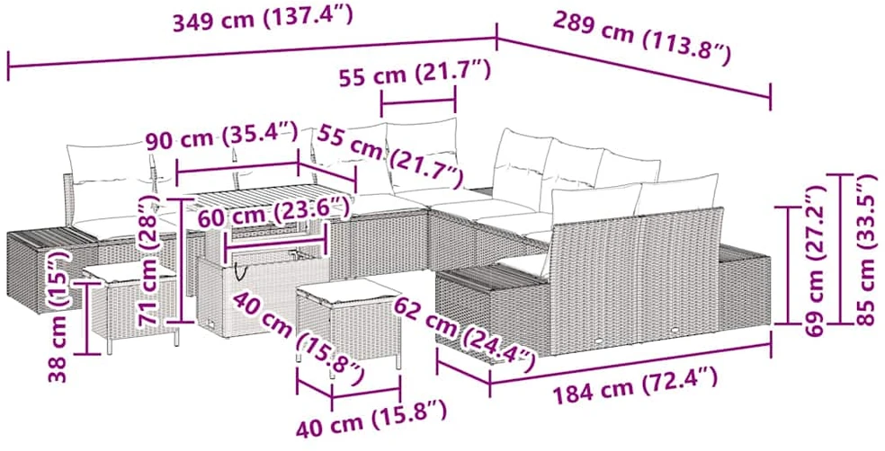 Sodo Sofų Rinkinys 13 vnt. 12-Vietų skaičius Juoda Poli ratanas