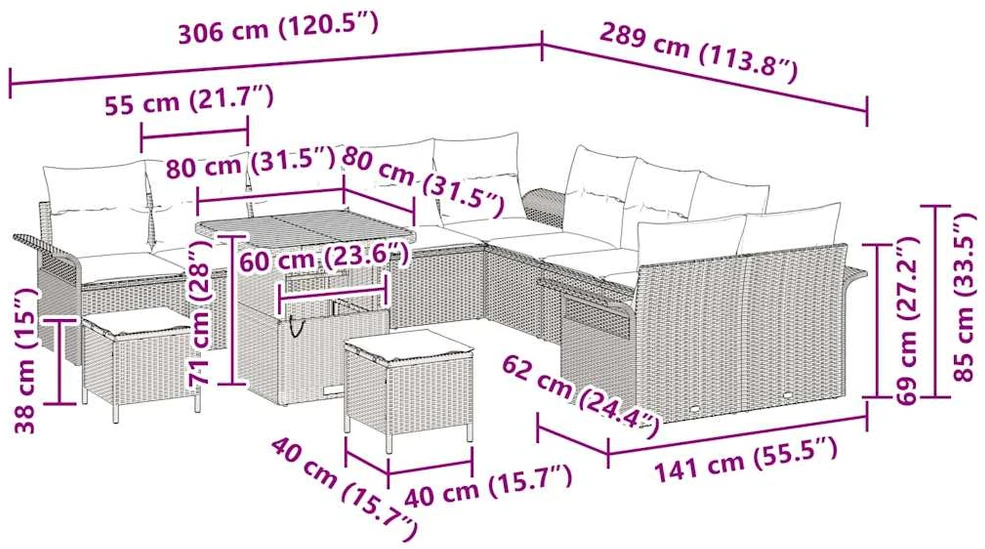 Sodo Sofų Rinkinys 13 vnt. 12-Vietų skaičius Juoda